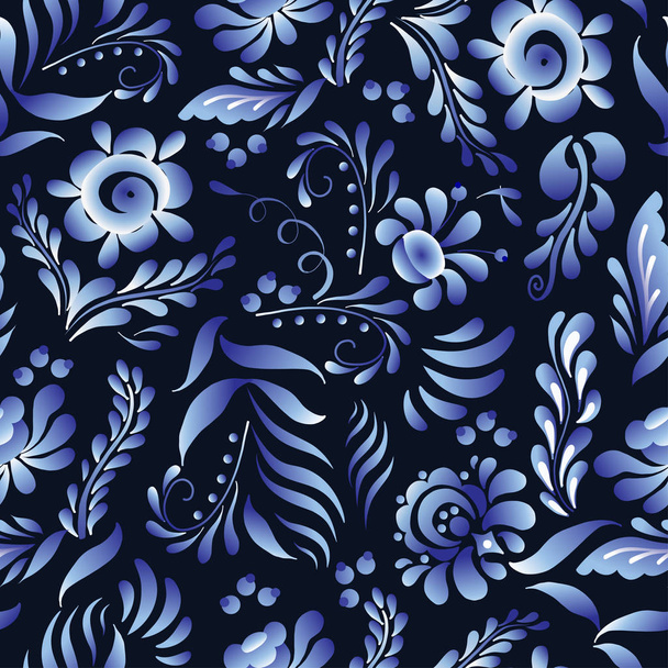 Vector seamless pattern with flowers and leaves in Gzhel Russian style. Folk background for textile, print, clothing, wallpaper, and other design - Wektor, obraz