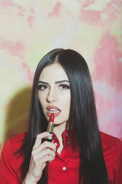 sexy pretty brunette woman with fashionable red lipstick - Fotografie, Obrázek