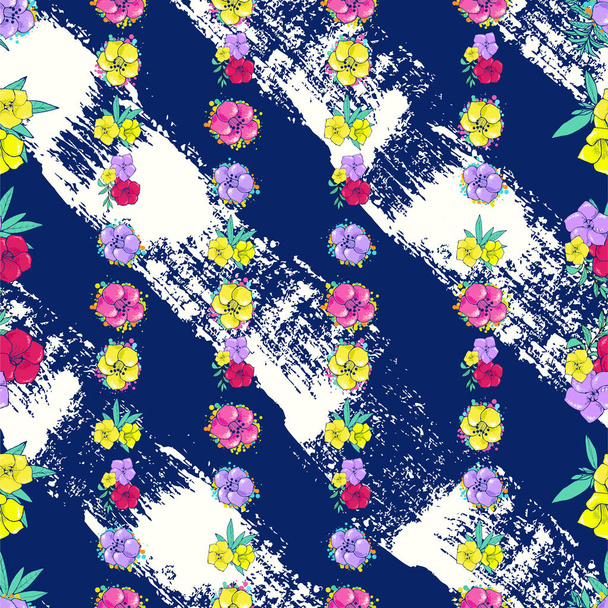 Exotic colorful flowers on a white-blue background with stripes - Vettoriali, immagini