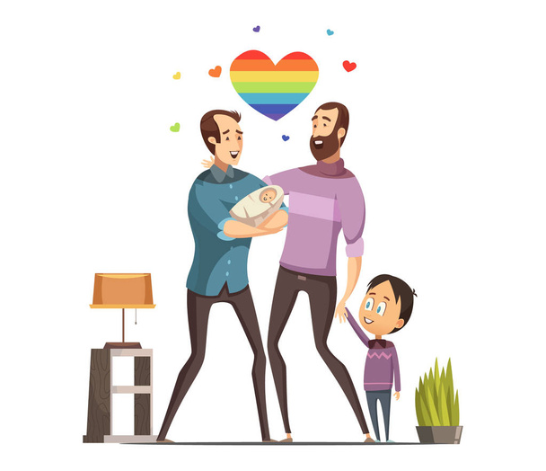 Gay liefdevolle familie Retro Cartoon afbeelding  - Vector, afbeelding