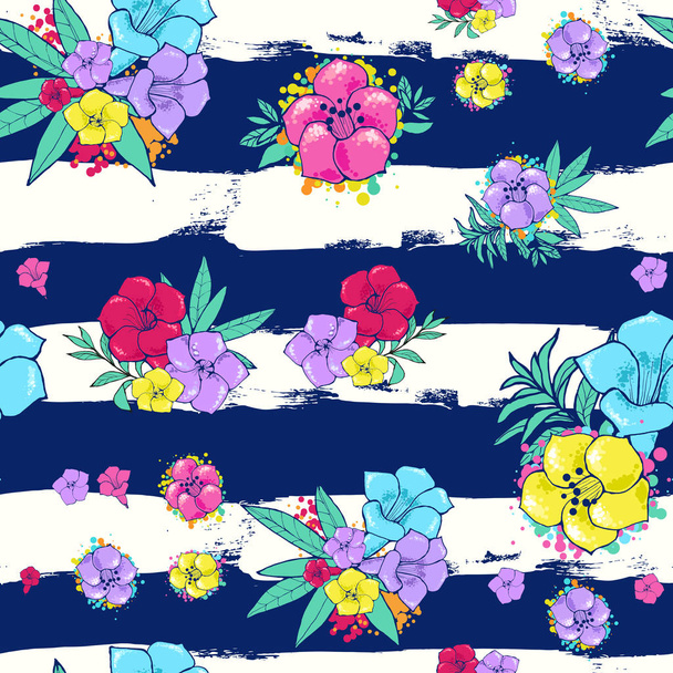 Çizgili beyaz-mavi arka plan üzerinde egzotik renkli çiçekler - Vektör, Görsel