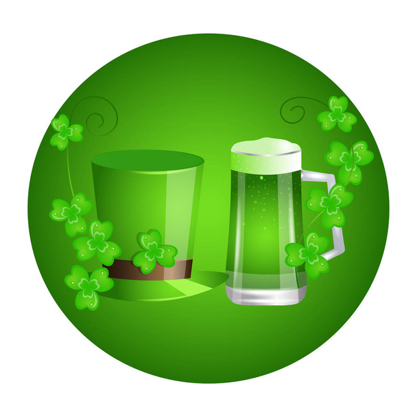 St. Patrick's day. Green hat , glass and clover. Banner, card. Vector illustration - Vetor, Imagem