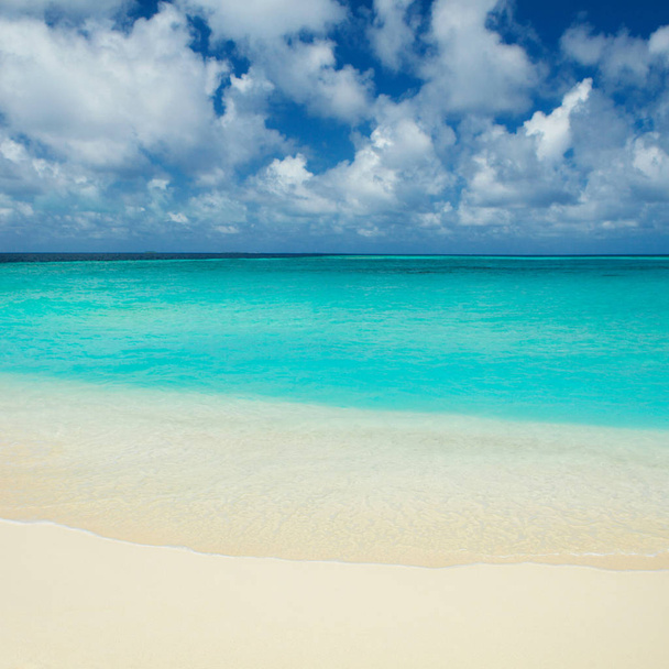 熱帯のビーチ。海の波と曇り空の背景。白い砂浜とクリスタル ブルーの海。海の水の自然、ビーチでリラックスします。夏休みは海。モルディブ諸島の海の背景 - 写真・画像