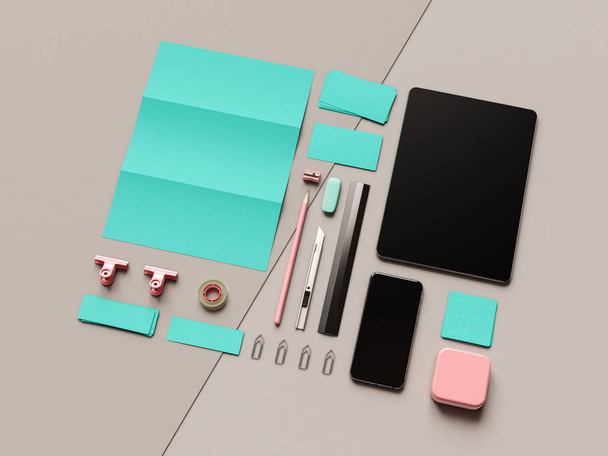 Corporate Identity. Branding Mock Up. Office supplies, Gadgets. 3D illustration - Fotografie, Obrázek