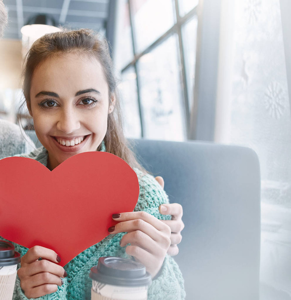 woman in love on a date in cafe in Valentines day - Fotoğraf, Görsel