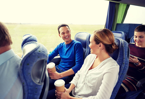 group of happy passengers in travel bus - 写真・画像