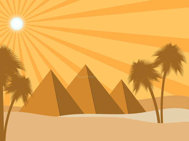 ägyptische Pyramiden in der Wüste. Sonnenstrahlen und Palmen. Altägypten. Vektorillustration - Vektor, Bild