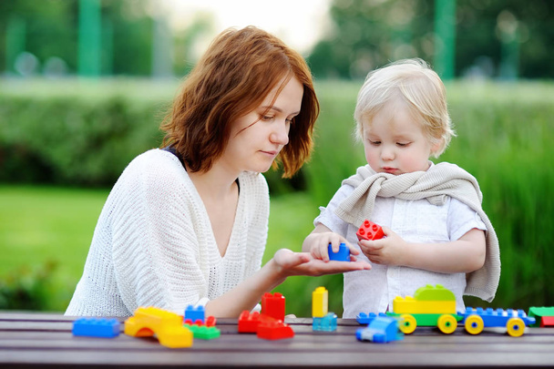 Młoda kobieta z synem maluch bawi się kolorowe bloki z tworzyw sztucznych - Zdjęcie, obraz