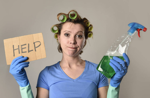 maid cleaning woman or lazy housewife in stress in rollers with spray bottle asking for help - Photo, Image