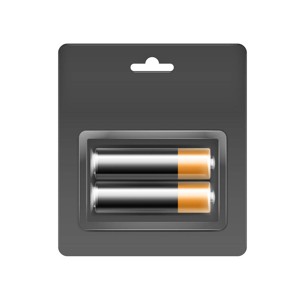 Batterie AA alcaline lucide dorate nere vettoriali in blister nero grigio imballato per il marchio Close up isolato su sfondo bianco
 - Vettoriali, immagini