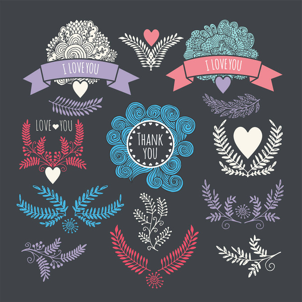 FramesHand drawing. set of vintage design elements. Twigs, hearts, invitations - Vector, Image