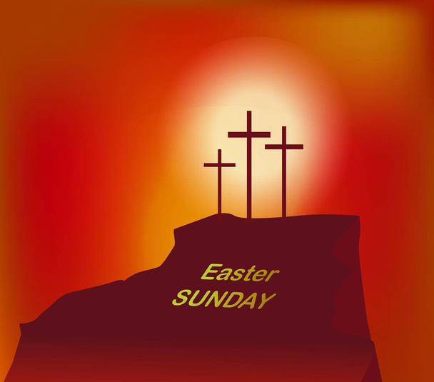 mountain Calvary with three crosses with sky and sun - Vector, Image