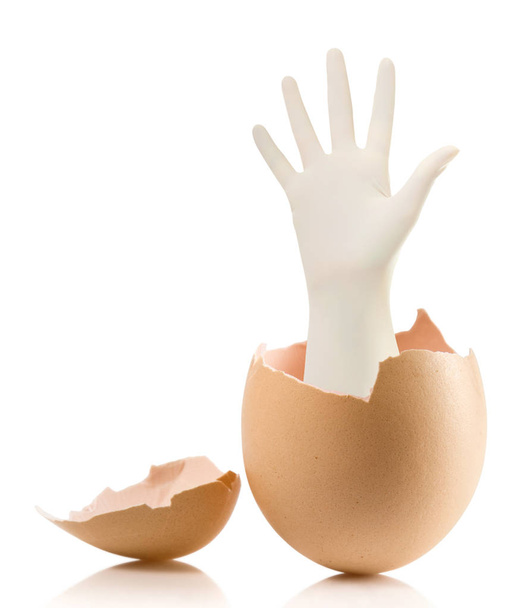 Hand mit gebrochenem Ei isoliert auf weißem Hintergrund - Foto, Bild