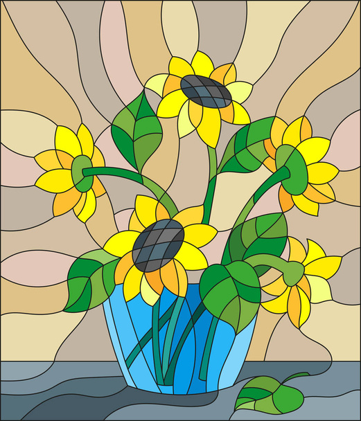 Ілюстрація у вітражному стилі з букетами соняшників у синій вазі на столі на бежевому фоні
 - Вектор, зображення