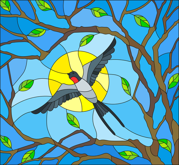 Illustration en vitrail sur le thème du printemps, l'hirondelle volant sur le fond du ciel ensoleillé à travers la lumière des branches d'un arbre
 - Vecteur, image