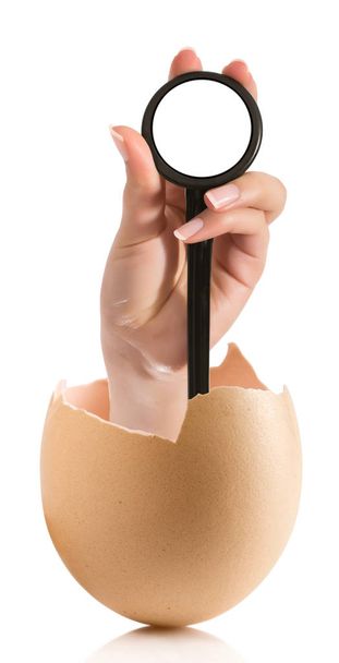 Hand with broken egg isolated on white backround - Photo, Image