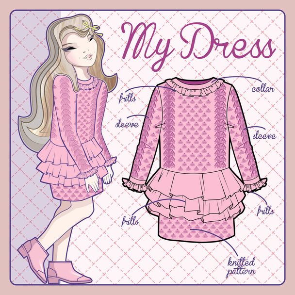 Menina bonito vestindo vestido de malha rosa
 - Vetor, Imagem