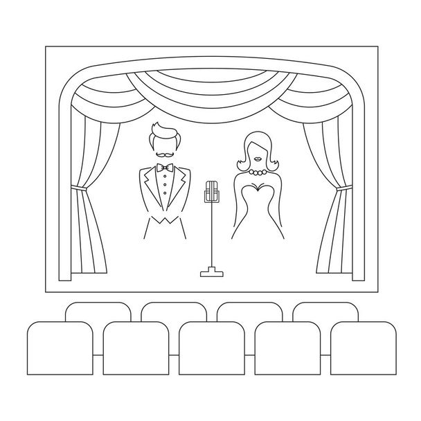 Theaterbühne mit Vorhang, Moderator, Schauspielern, Mikrofon und Sitzen, Vektorzeilenillustration. - Vektor, Bild