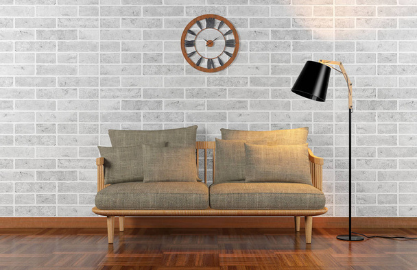Living room interior with brick wall, 3D rendering - Fotoğraf, Görsel