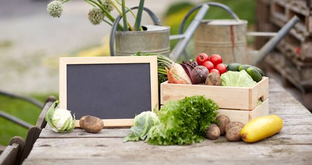 close up of vegetables with chalkboard on farm - 写真・画像