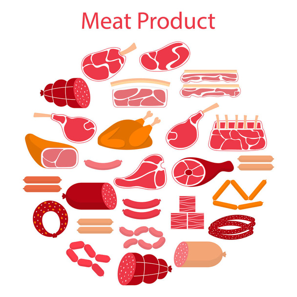 Vektorflache Illustration mit verschiedenen Fleischsorten - Vektor, Bild