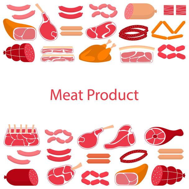 Vector flat design of card template with different kinds of meat products - Vector, Image