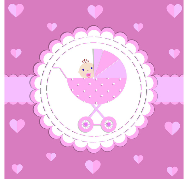 stroller girl pink polka dots card invitation vector illustration - Vector, Image