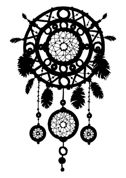 Dream catcher silhouette with feathers and beads. - Vector, Image