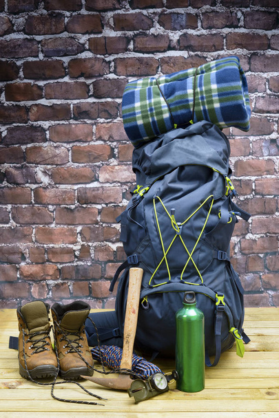 Hiking equipment, rucksack, boots and backpack. - Φωτογραφία, εικόνα