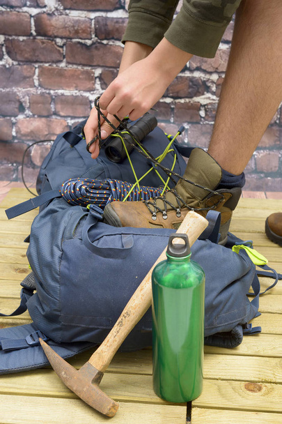 Hiking equipment, rucksack, boots and backpack. - Photo, Image