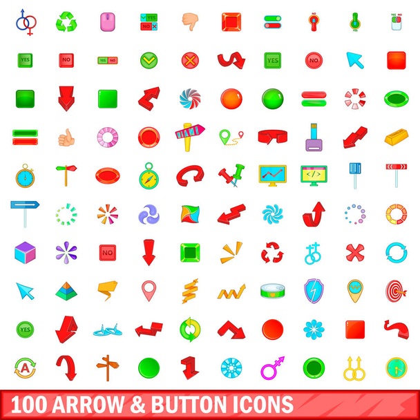 100 pijl en de knop iconen instellen, cartoon stijl - Vector, afbeelding