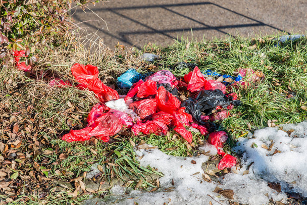 Muchas bolsas de excremento de perro en un árbol al lado del paseo peatonal
 - Foto, imagen