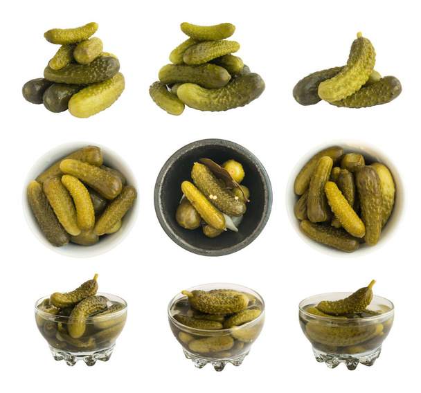 Set of Homemade Pickled Gherkins or Cucumbers Isolated - Photo, Image