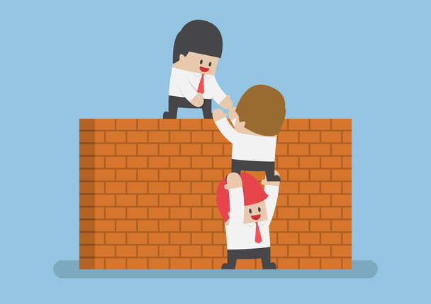 Empresário ajudar seu amigo a atravessar a parede de tijolos
 - Vetor, Imagem