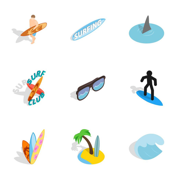 Surf elements icons set, isometric 3d style - Vektör, Görsel