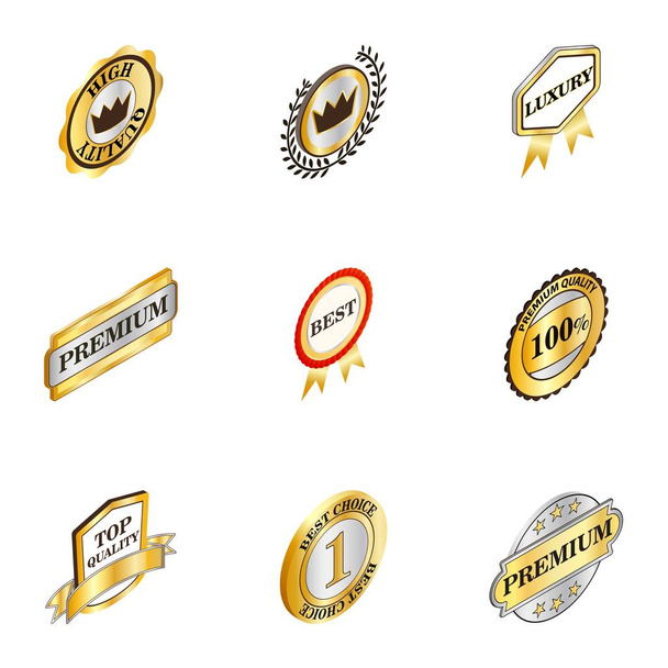 Golden badges icons set, isometric 3d style - Vetor, Imagem
