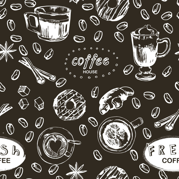 Bezszwowe doodle Kawa wzór, wyciągnąć rękę. Ilustracja wektorowa - Wektor, obraz