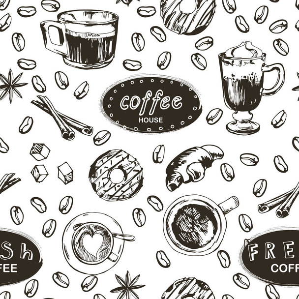 Bezproblémové doodle kávové vzor, ručně kreslené. Vektorové ilustrace - Vektor, obrázek