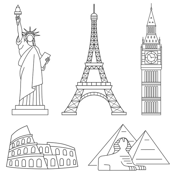 Wahrzeichen der Welt, Eiffelturm, Freiheitsstatue, Big Ben, Kolosseum, Sphinx. Vektorzeilensymbole gesetzt. - Vektor, Bild