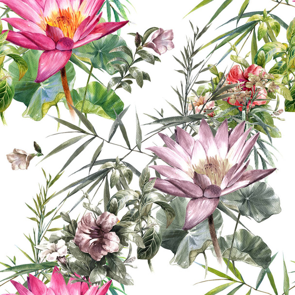 Pintura de acuarela de hojas y flores, patrón sin costuras en blanco
 - Foto, imagen