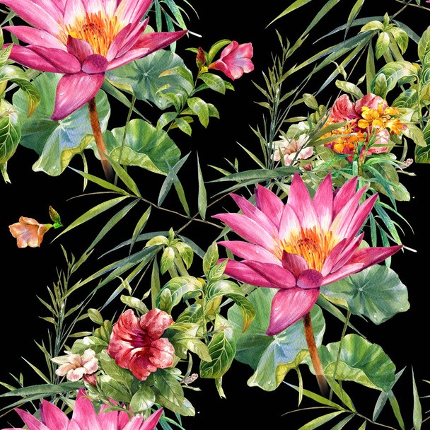 Watercolor painting of leaf and flowers, seamless pattern on dark - Фото, зображення