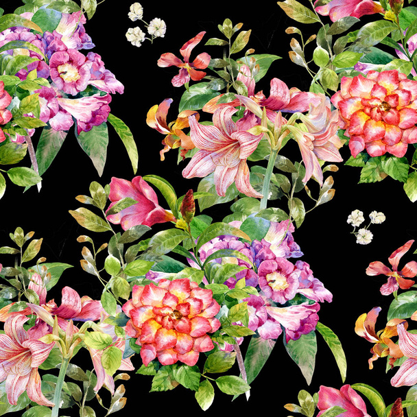 Watercolor painting of leaf and flowers, seamless pattern  - Fotó, kép
