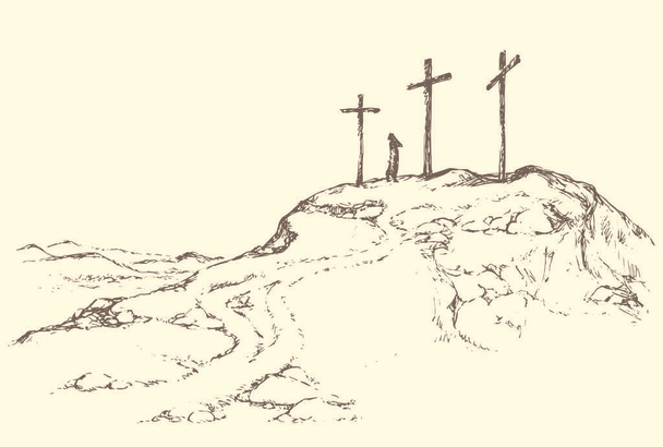 Tres cruces se paran en el fondo del cielo claro
 - Vector, imagen