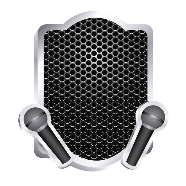 cornice araldica con superficie griglia e coppia wireless rilievo icona microfono dinamico
 - Vettoriali, immagini