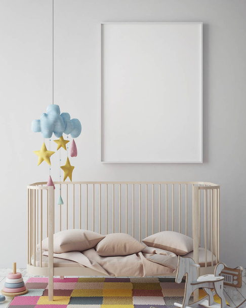 макет рамки плаката в детской спальне, скандинавский стиль интерьера, 3D рендеринг
 - Фото, изображение