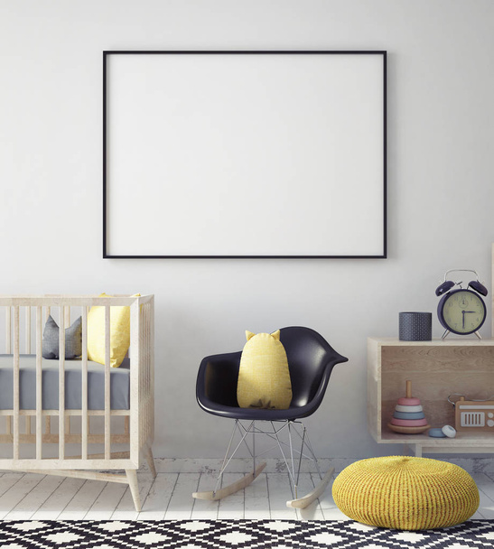 marco del cartel de la maqueta en el dormitorio de los niños, fondo interior de estilo escandinavo, 3D render
 - Foto, Imagen