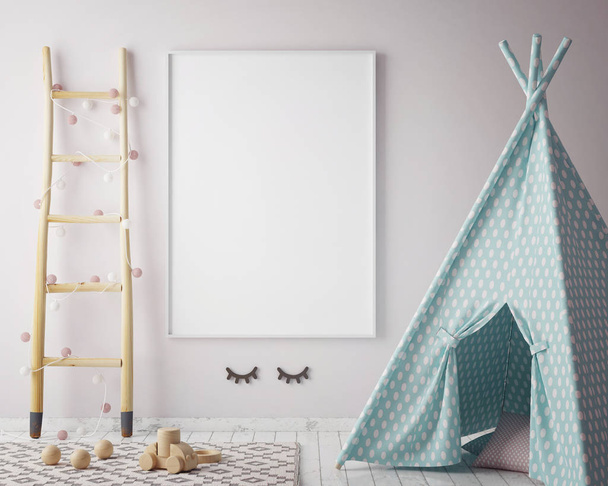 modellare cornice poster in camera da letto dei bambini, stile scandinavo sfondo interno, rendering 3D
 - Foto, immagini