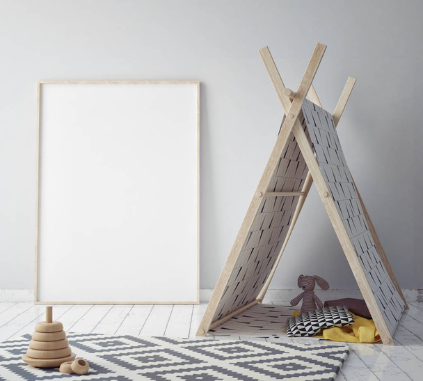 mock up poster frame in children bedroom, scandinavian style interior background, 3D render - Photo, Image
