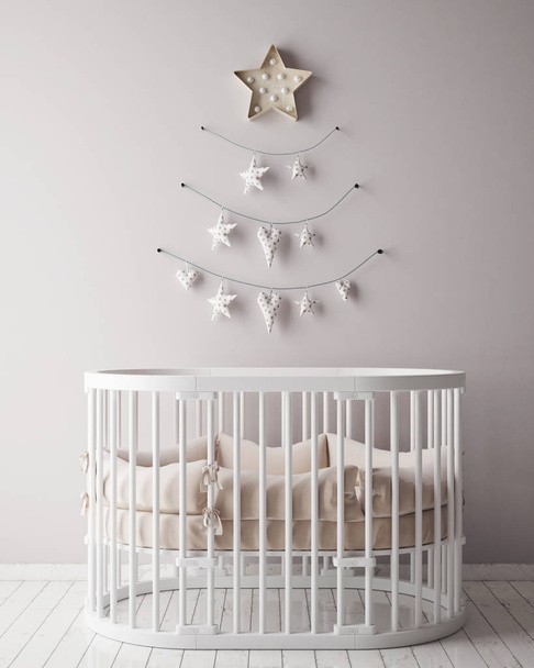 χλευάσουμε επάνω το πλαίσιο poster στο δωμάτιο των παιδιών με χριστουγεννιάτικα διακόσμηση, σκανδιναβικό στυλ εσωτερικό υπόβαθρο, 3d καθιστούν - Φωτογραφία, εικόνα