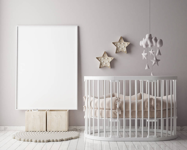 marco del cartel de la maqueta en el dormitorio de los niños, fondo interior de estilo escandinavo, 3D render
 - Foto, Imagen